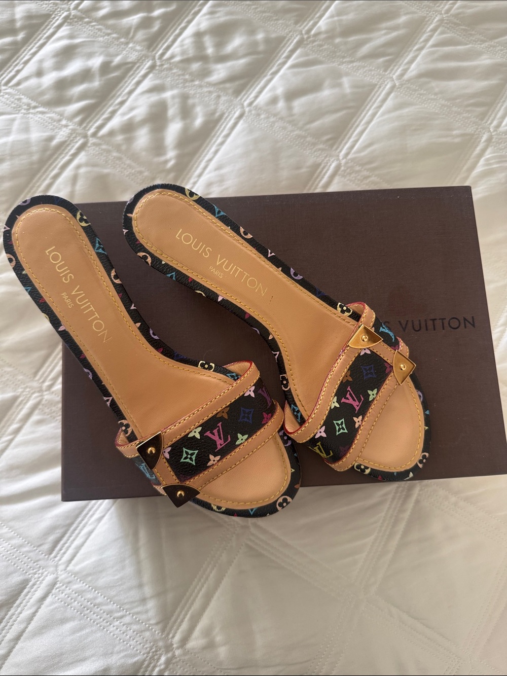Louis Vuitton Black Multicolor Monogram Slide Mules